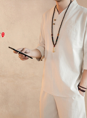 夏季中国风男装棉麻套装亚麻唐装汉服两件套五分袖茶服九分裤佛系