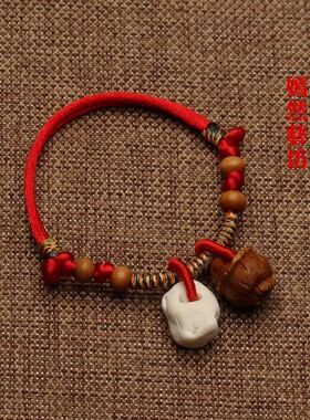 宝宝婴儿防惊吓压惊红绳手链猪惊桃核红手绳五彩绳桃蓝儿童脚链