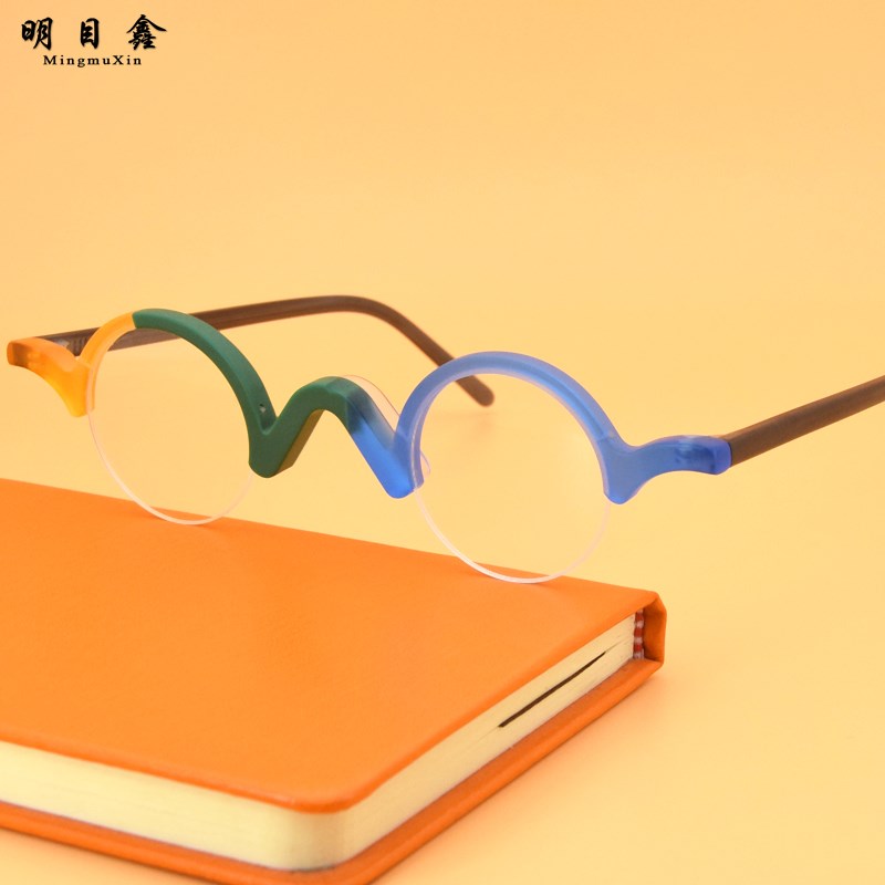 日系拼色复古板材小圆框老花镜男清防蓝光变色眼镜女时尚款超轻