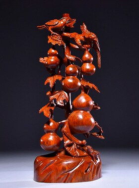 花梨木雕刻五福临门葫芦摆件根雕红木中式客厅装饰品开业乔迁礼品
