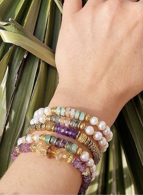 小众设计彩色天然石珍珠手链复古简约拼接叠戴气质百搭手环女