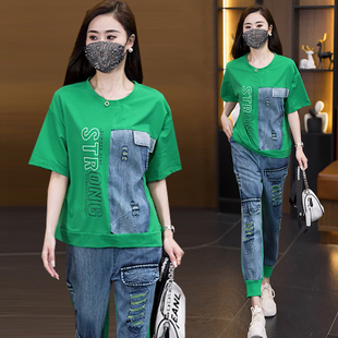 大码女装时尚套装女夏装2025新款胖妹妹遮肚短袖+牛仔裤子两件套