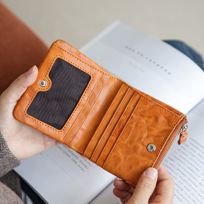 真皮复古女短款小钱包植鞣头层牛皮多卡位手工青年日式简约皮夹女