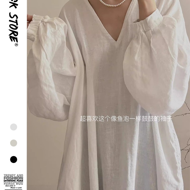 法式纯白色长袖棉麻n睡衣女春秋款新款大码睡裙宽松连衣裙子可外