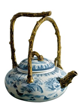 欧式青花瓷镶铜装饰工艺品茶壶新中式古典软装创意茶室提壶摆件