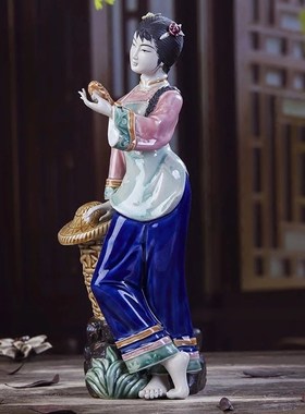 石湾陶瓷仙鹤渔女仕女工艺精品摆件客厅办公室博古架盆景花园摆设