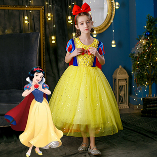 欧美女童白雪公主连衣裙大裙摆亮片蓬蓬长裙送披风女童红色演出服