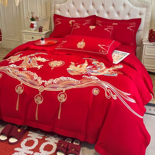 高档中式喜字结婚四件套大红色新婚陪嫁被套婚庆床上用品婚房备婚