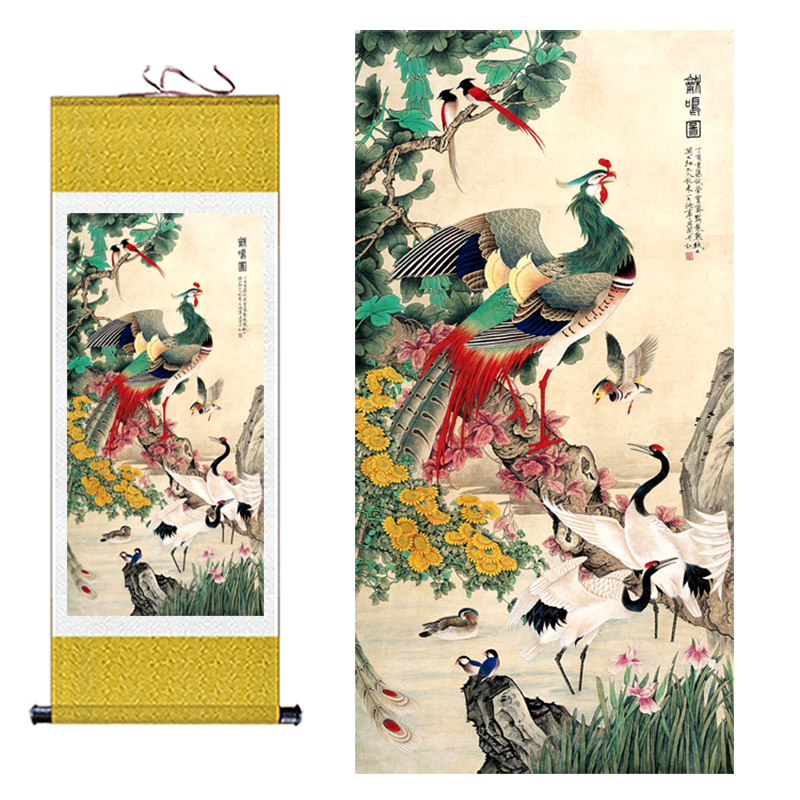 孔雀开屏卷轴画鸡鸣图丝绸画客厅卧室装饰挂画花鸟画送友礼品包邮图片