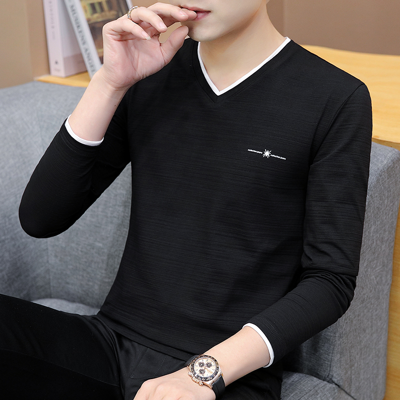 秋装男士长袖t恤纯棉V领秋衣外穿单件上衣简约百搭打底衫休闲小衫