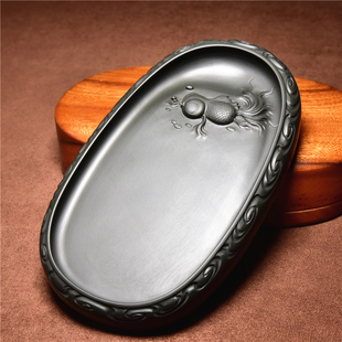 【懿羲堂】名师砚台 精品歙砚老坑龙潭石黑龙尾手工雕刻孤品腰圆