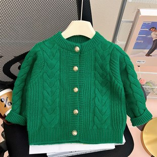 女童加厚毛衣春秋装2024新款洋气时髦小女孩儿童红色针织开衫外套