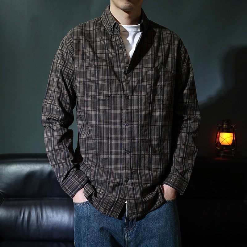 春秋新款纯棉复古格子长袖衬衫男式休闲口袋青年文艺衬衣舒适百搭