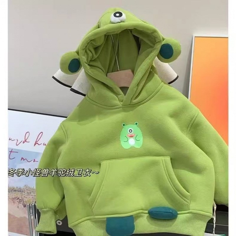 儿童加绒卫衣宝宝可爱立体卡通连帽衫2025冬款男童保暖上衣