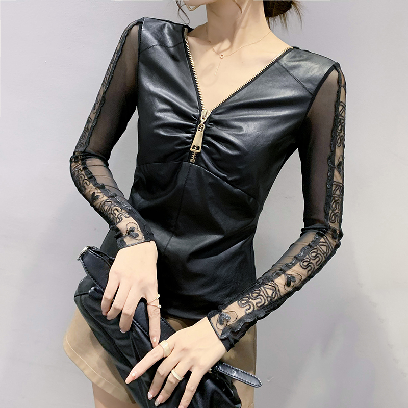 性感V领拉链T恤女长袖PU皮拼接网纱上衣洋气紧身内搭打底衫女秋冬