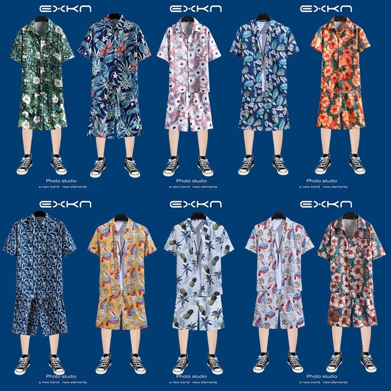 复古短袖衬衫套装男夏季薄款宽松大码花衬衣海边度假旅游沙滩短裤,男装,休闲运动套装,淘宝优惠券,粉丝福利购,淘宝优惠卷