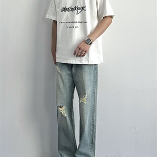 浅蓝色显瘦显高休闲长裤 ONUN复古水洗做旧破洞宽松直筒牛仔裤 美式