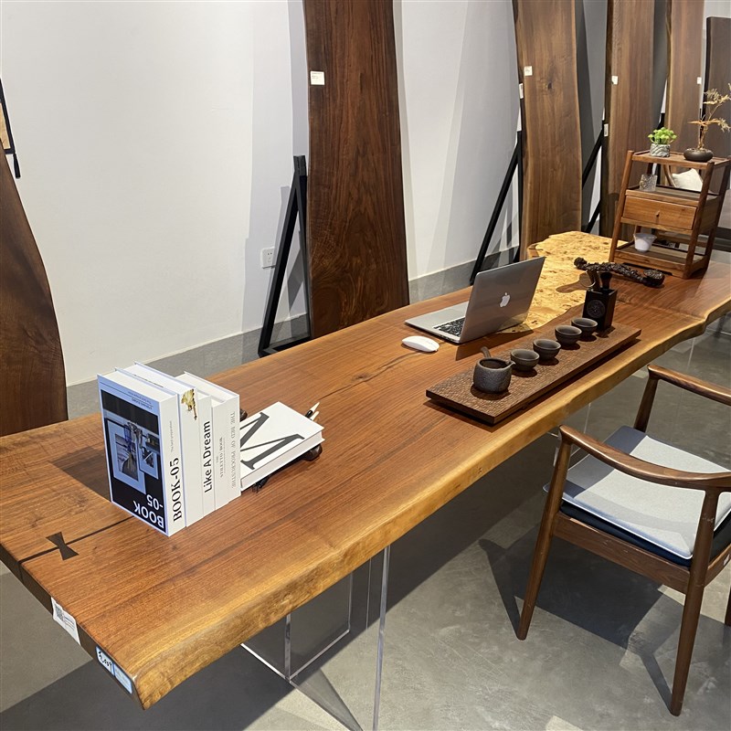 北美黑胡桃木实木大板茶桌原木中岛台餐桌椅奥坎花梨白蜡木书桌