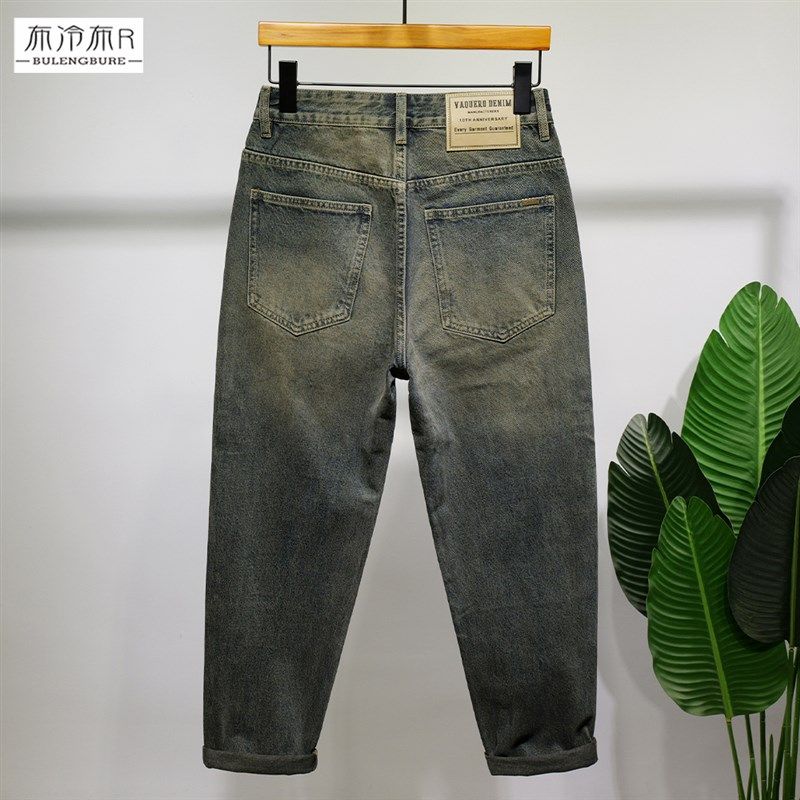 布冷布热 薄款春夏做旧牛仔裤男怀旧宽松直筒水洗复古长裤无弹款
