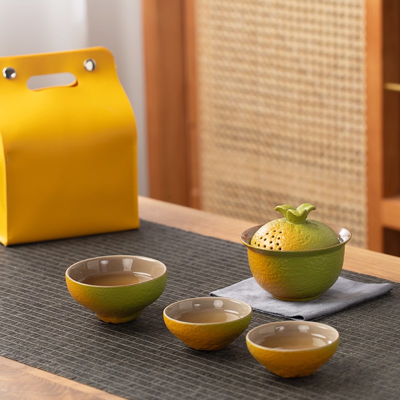 橘子快客杯便携式随身盖碗收纳旅行茶具户外露营一壶二杯开业送礼