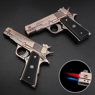 手枪式双管金属防风打火机个性创意枪型金属玩具打火机不可发射