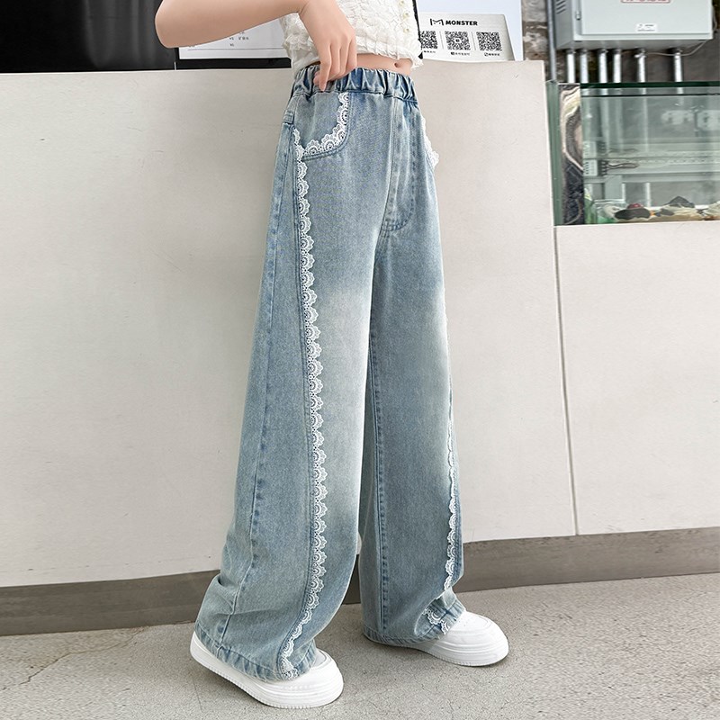 女童裤子夏季薄款2025新款春夏装女孩洋气花边窄版阔腿儿童牛仔裤