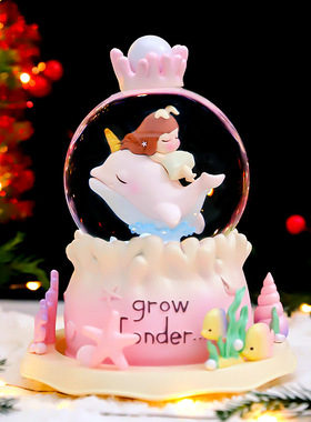 星辰大海水晶球音乐盒外转声控海豚女孩轻奢风摆件儿童学生日礼物