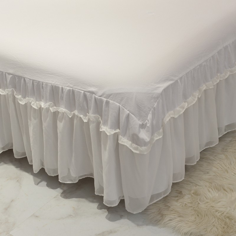 简约全棉水洗棉纯白色雪纺荷叶花边床裙纯棉公主风床罩1.5/1.8米