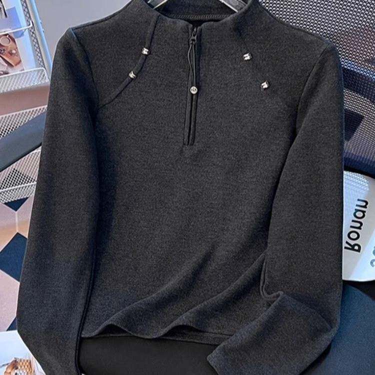 设计感修身拉链打底长袖T恤女秋冬新款立领短款小个子纯色上衣ins