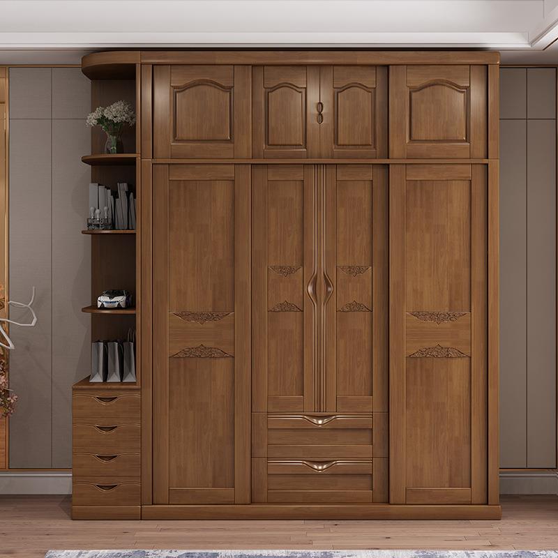 现代简约新中式实木衣柜四门推拉门衣柜加顶柜转角柜组合储物衣橱