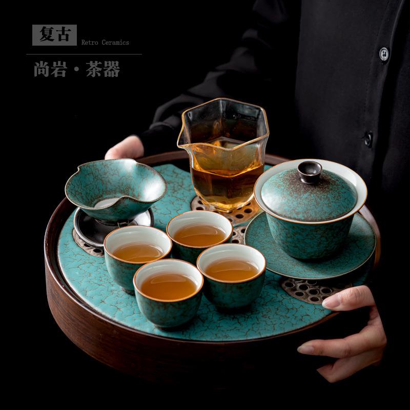 绿色盖碗茶具套装陶瓷家用复古窑变办公室会客茶壶茶杯整套泡茶器