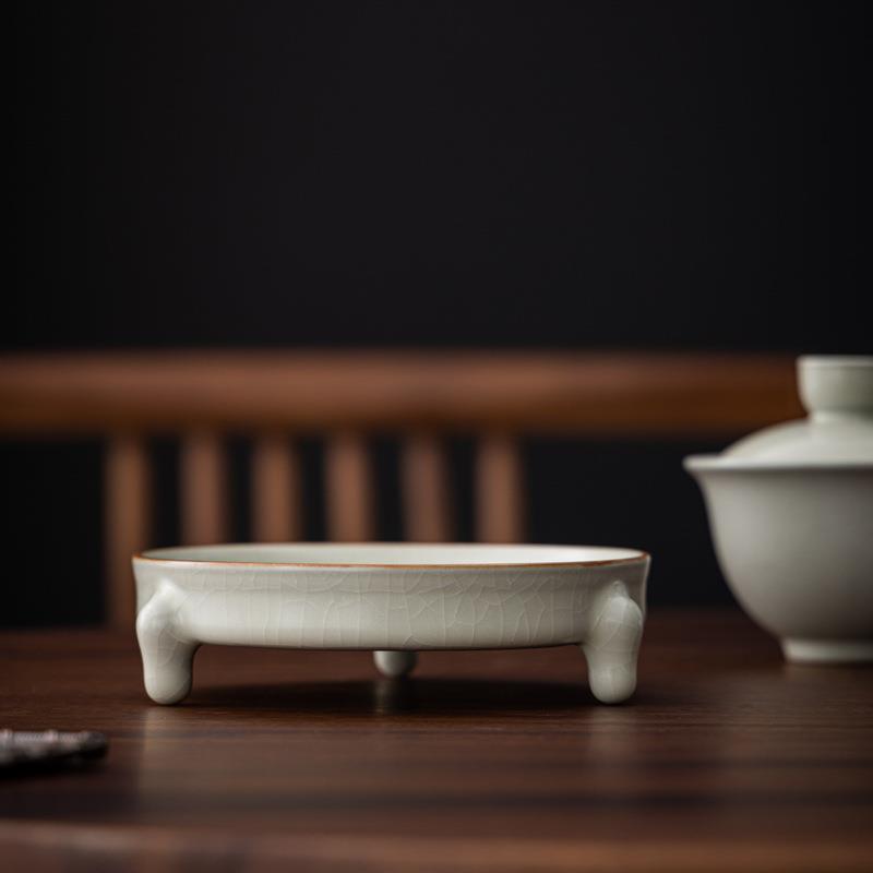 宋朴米黄汝窑汝瓷三足壶承干泡台壶托茶具配件陶瓷茶壶垫开片可养