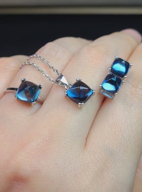 托帕石 伦敦蓝糖塔戒指 吊坠 耳钉 简约款 色正 饱满 干净 银镶