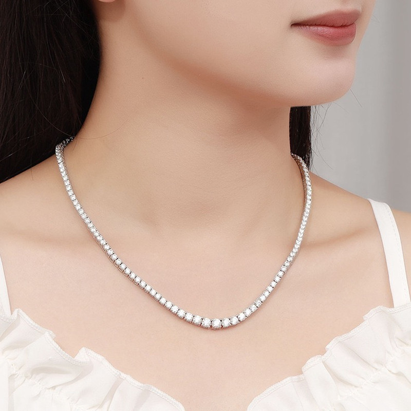 奢华礼服晚宴高级感超闪单排满钻莫桑石项链渐变大小纯银网球链颈