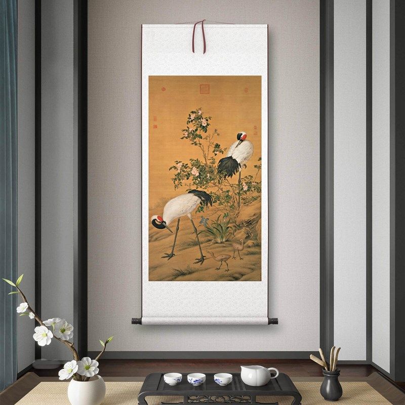 郎世宁《花阴双鹤图》客厅书房茶室装饰画挂画玄关高清卷轴字画,家居饰品,国画,淘宝优惠券,粉丝福利购,淘宝优惠卷
