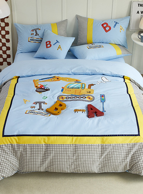 60支儿童卡通四件套全棉纯棉男孩蓝色挖掘机上下铺床笠三件套男童
