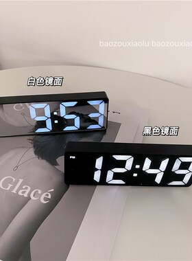 日系简约黑白镜面LEDq声控闹钟宿舍床头桌面数字钟温度日历电子钟
