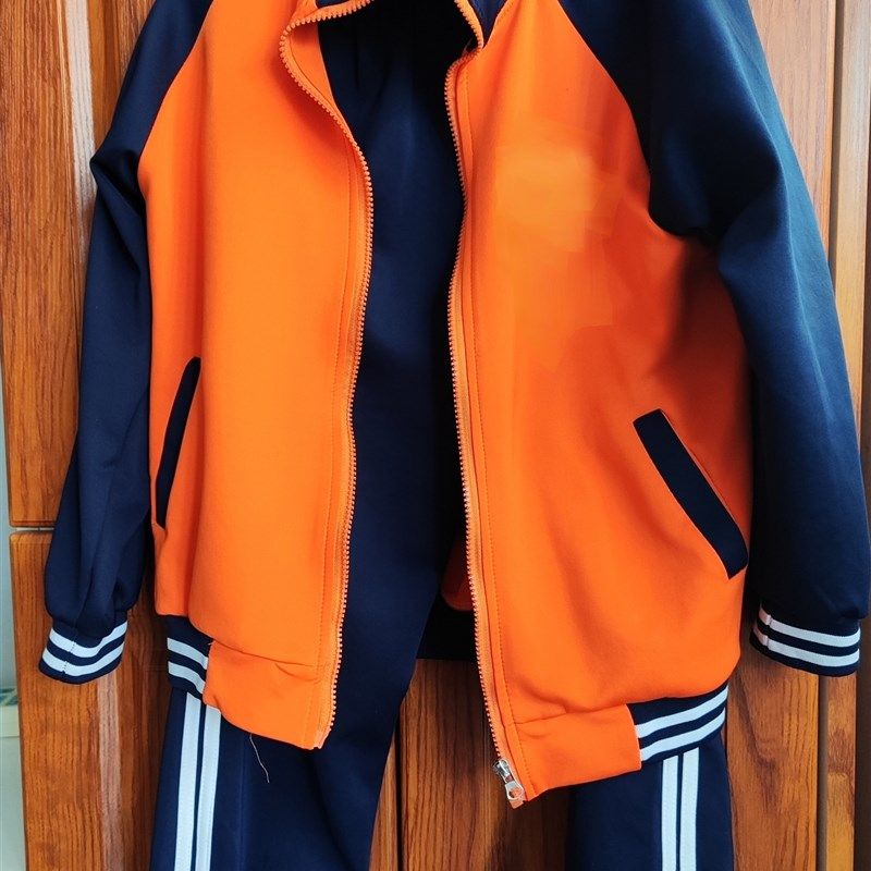橘色校服发图定做中小学生套装藏蓝色束腿裤子休闲运动卫衣班服