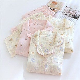 女士纯棉纱布睡衣带胸垫家居服套装 免文胸宽松全棉双层纱春夏薄款