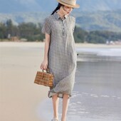 宽松显瘦衬衫 2025夏季 短袖 中长裙大尺码 新款 文艺苎麻格子连身裙