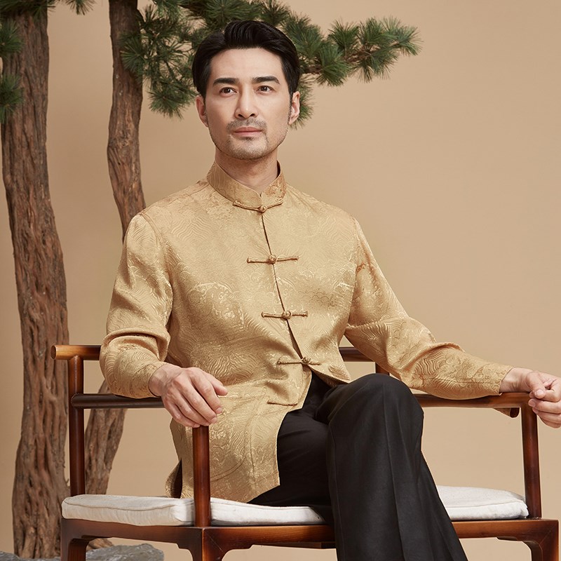 唐装男春秋季长袖衬衫中式盘扣立领爸爸装中老年国风复古休闲上衣