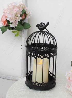 黑色婚庆摆件套三铁艺鸟s笼多肉花盆可放花盆可挂挂式烛台饰品装