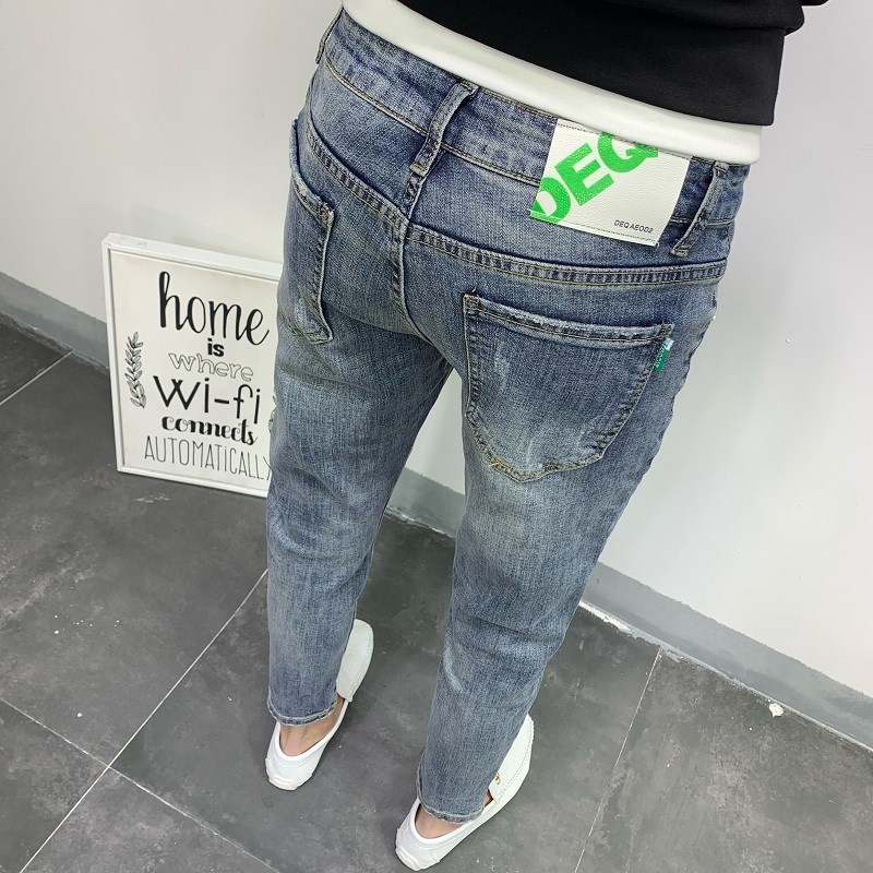 春秋新款9分牛仔裤男修身小脚浅蓝色韩版百搭潮流时尚男士九分裤