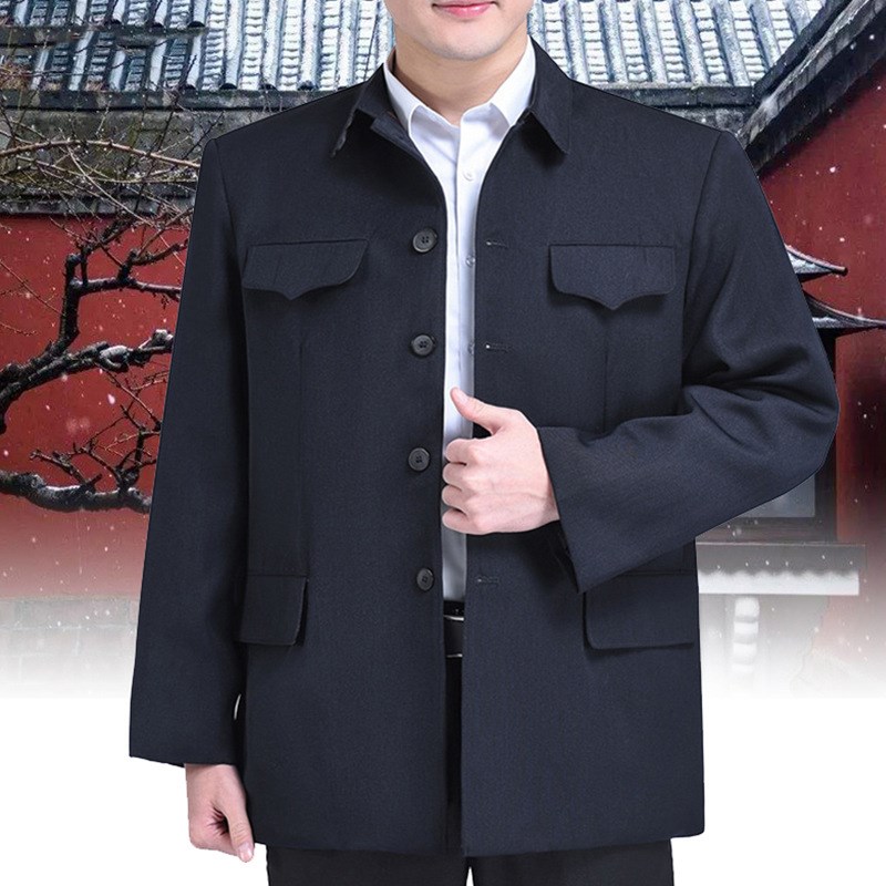 老人中山装爷爷春秋装中山服中老年军干外套大码宽松军便服装上衣