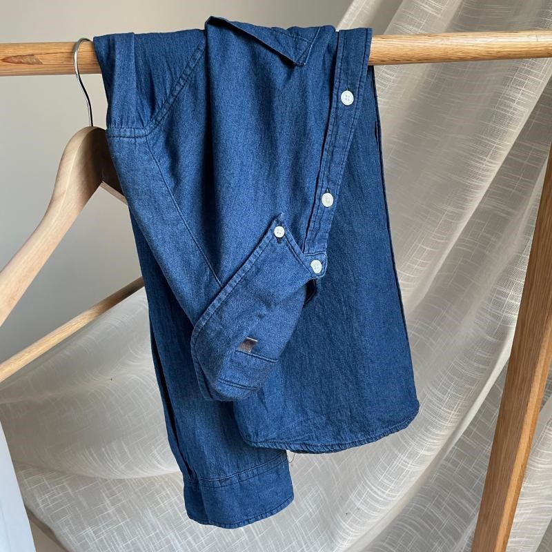 春夏薄款!贼轻柔!外贸简洁百搭纯棉色男士修身牛仔蓝长袖衬衫衣