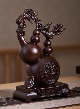 黑檀木雕五福临门元宝葫芦摆件实木喜上枝头风水酒柜玄关乔迁送礼