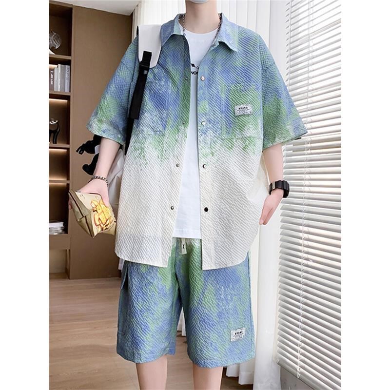 渐变衬衫套装男士夏季新款高级感印花冰丝短袖短裤两件套帅气夏装