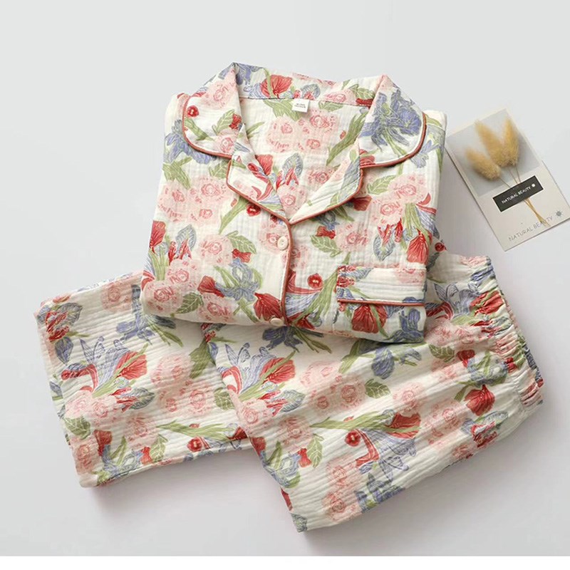 刘大姐家 纯棉睡衣女日系翻领长袖长裤纯棉纱浪漫印花春夏秋家居