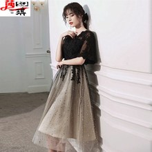 大码小晚礼服裙子女气质宴会胖mm遮肚黑色显瘦平时V可穿年会中长