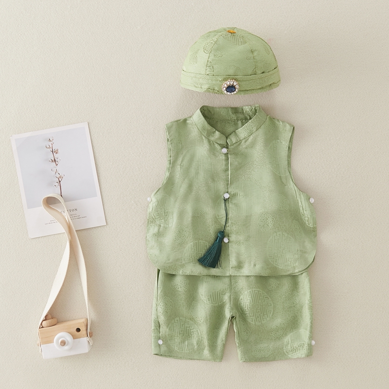 男宝宝一周岁抓周唐装婴儿百天百岁礼服儿童真丝套装中国风夏装